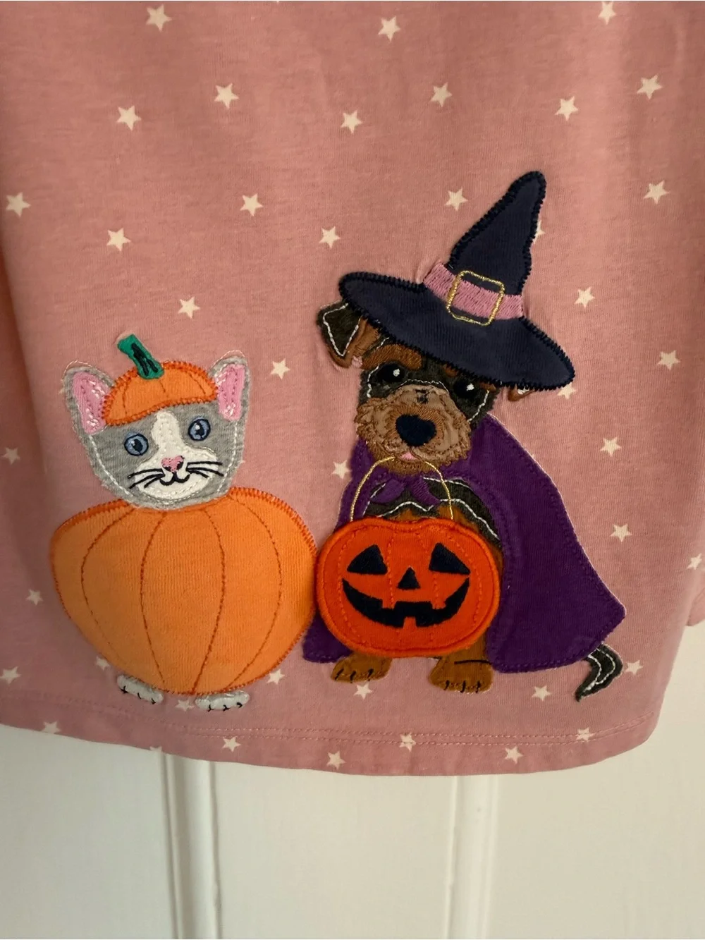 Mini Boden Pink Long-Sleeve Halloween Top with Puppy & Pumpkin Appliqués